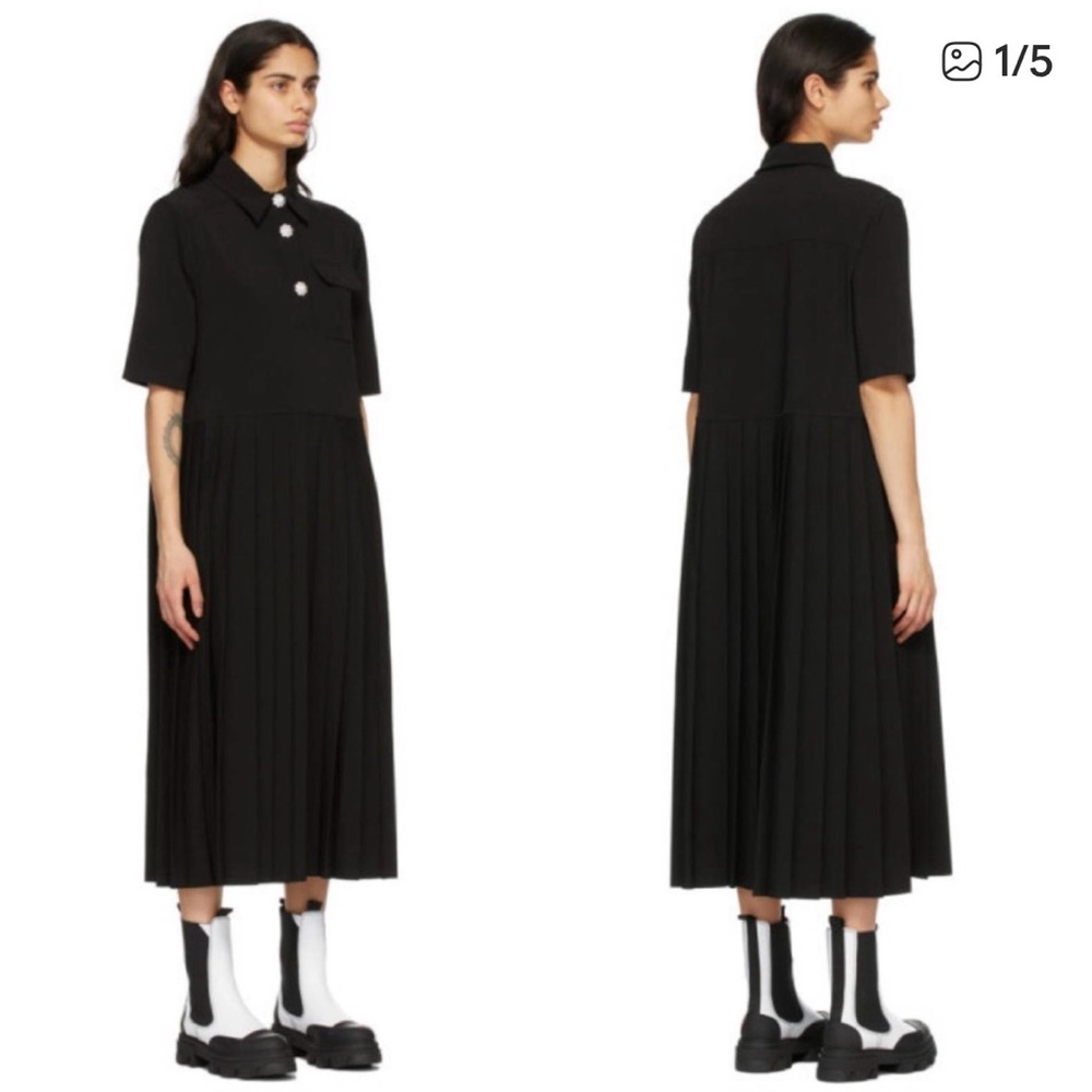 Ganni Crystal Embellished Woven Pleated Shirt Dress Black